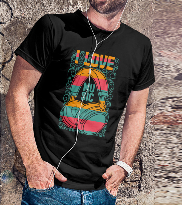 I Love Music Vibrant Headphones Pattern With Swirling Design Elements T-Shirt