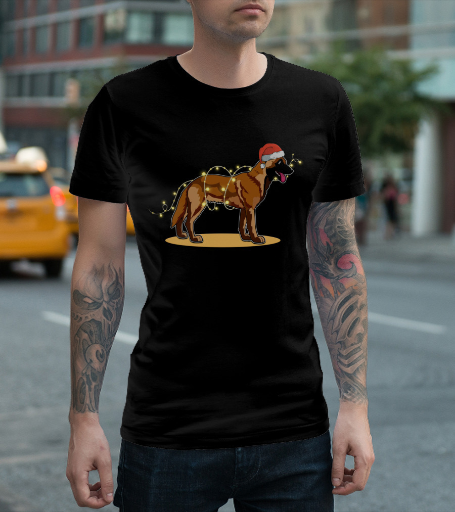 Belgian Malinois Wrapped in Christmas Lights with Santa Hat T-Shirt