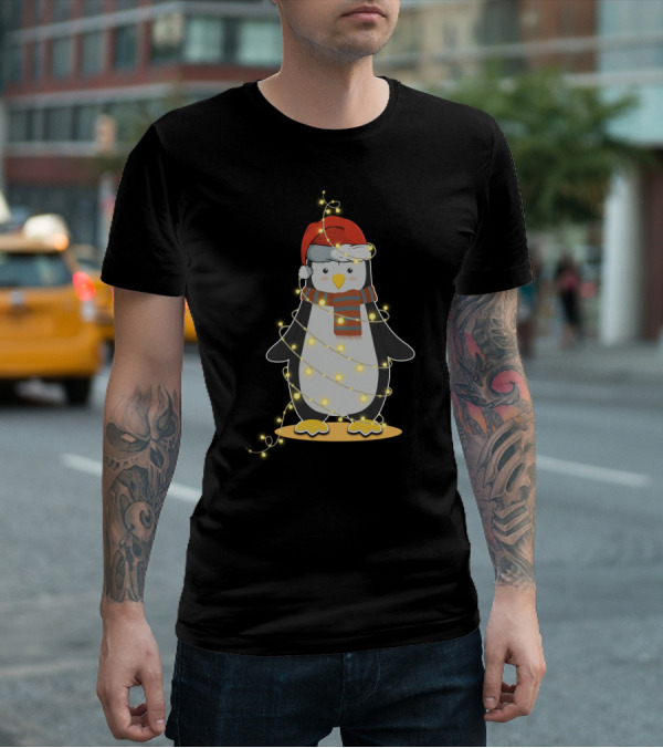 Penguin Wrapped In Christmas Lights With Santa Hat And Scarf T-Shirt