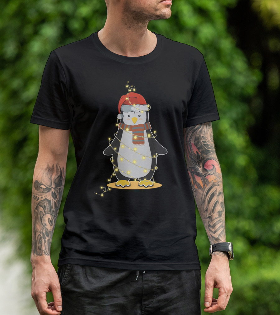 Penguin Wrapped In Christmas Lights With Santa Hat And Scarf T-Shirt