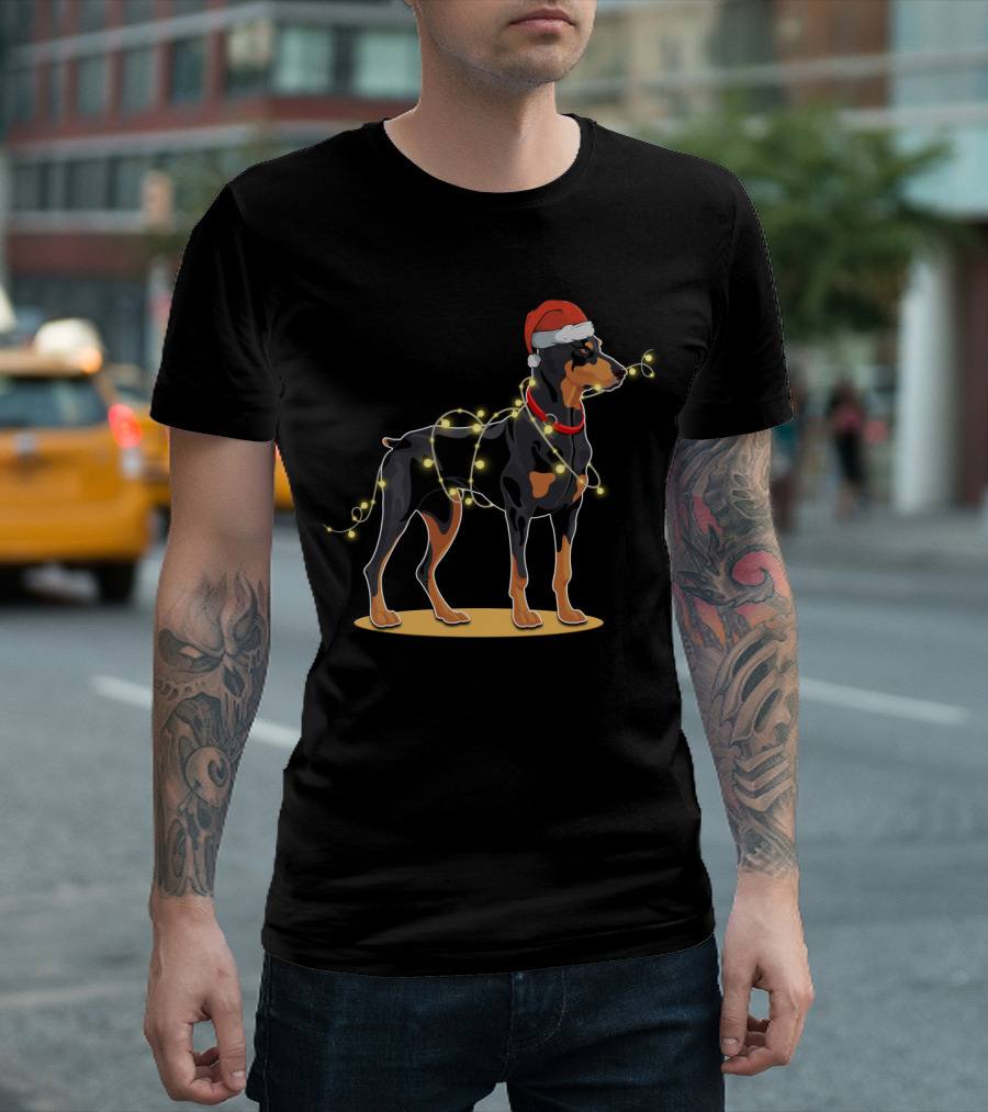 Doberman Wearing Santa Hat With Christmas Lights T-Shirt
