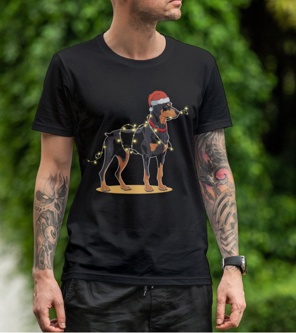 Doberman Wearing Santa Hat With Christmas Lights T-Shirt