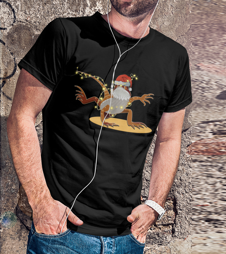 Santa Hat Bearded Dragon Wrapped In Christmas Lights T-Shirt