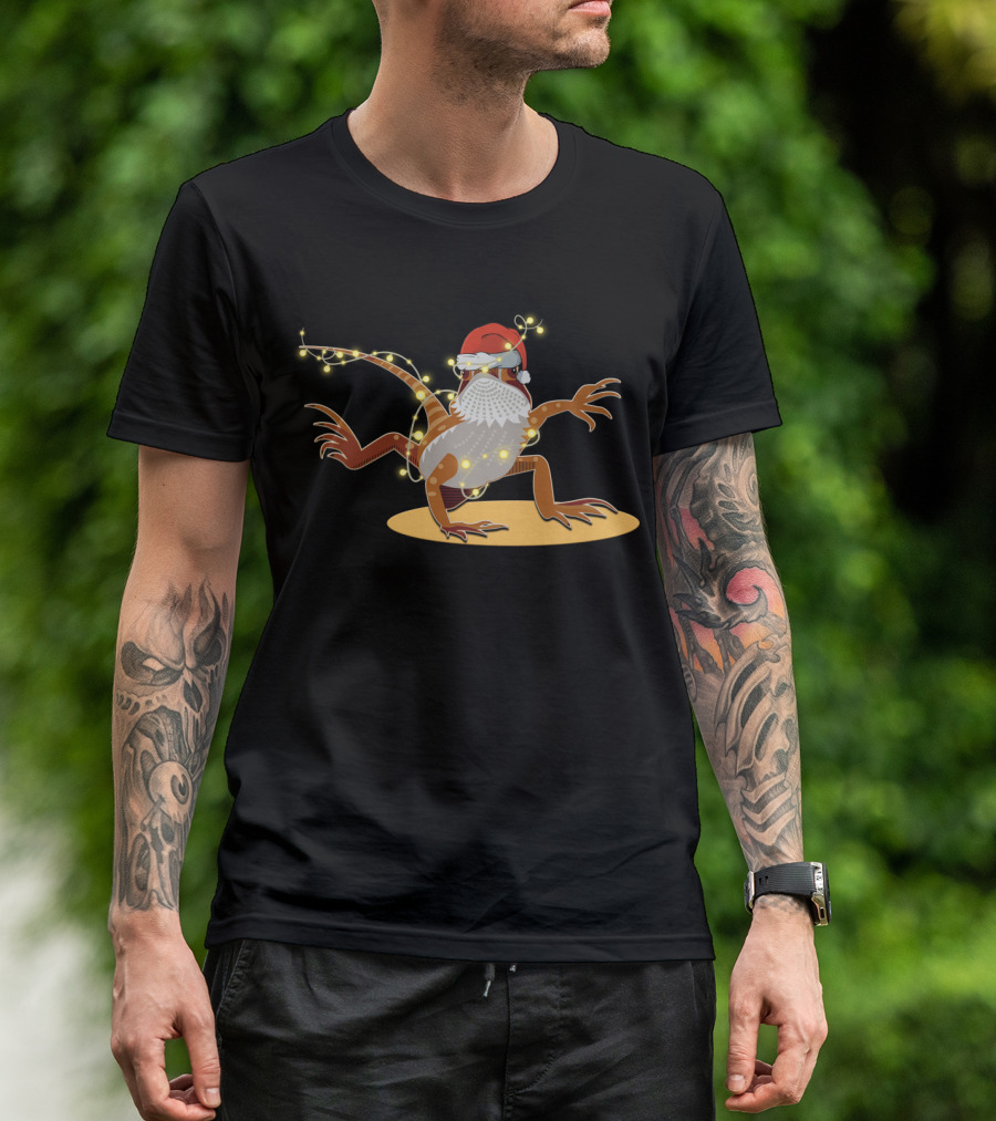 Santa Hat Bearded Dragon Wrapped In Christmas Lights T-Shirt