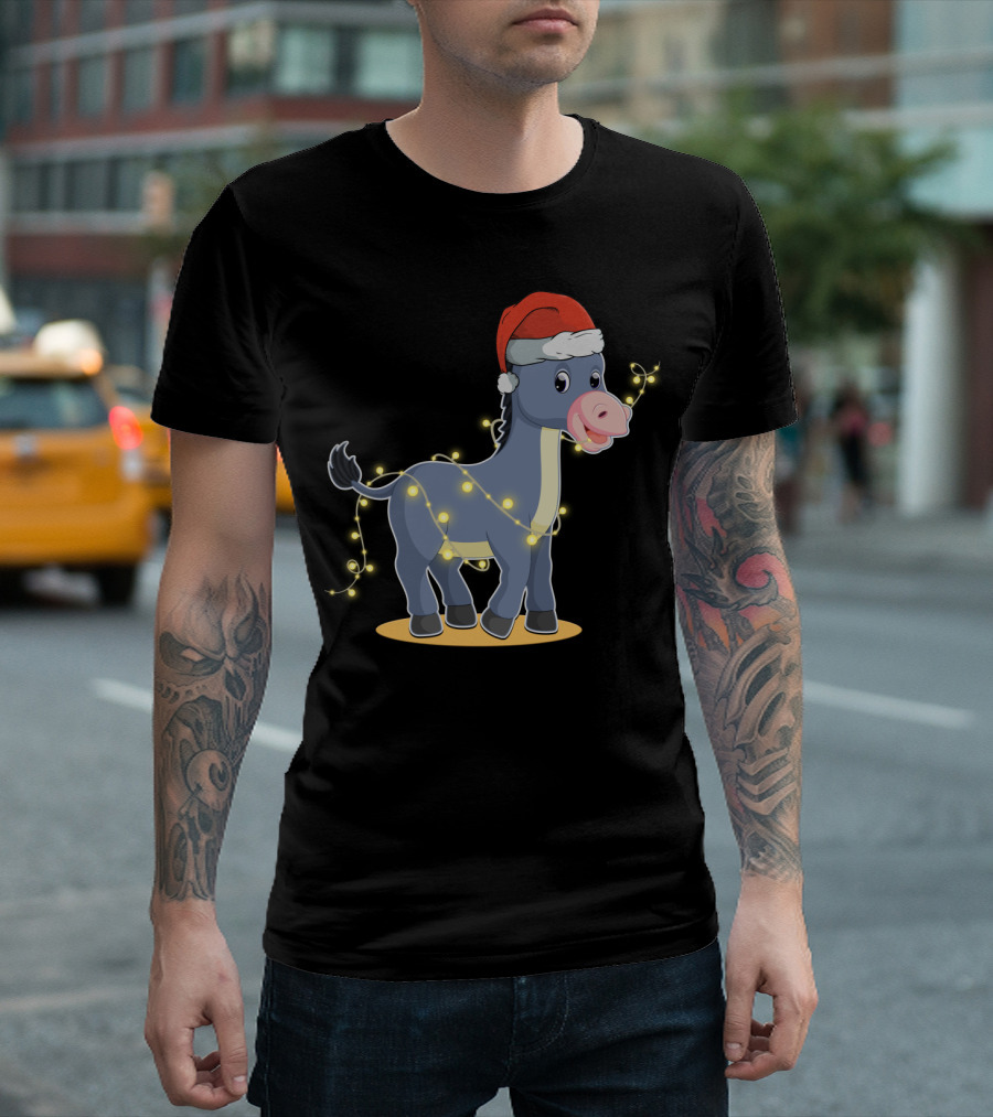 Christmas Lights Donkey With Santa Hat Holiday T-Shirt