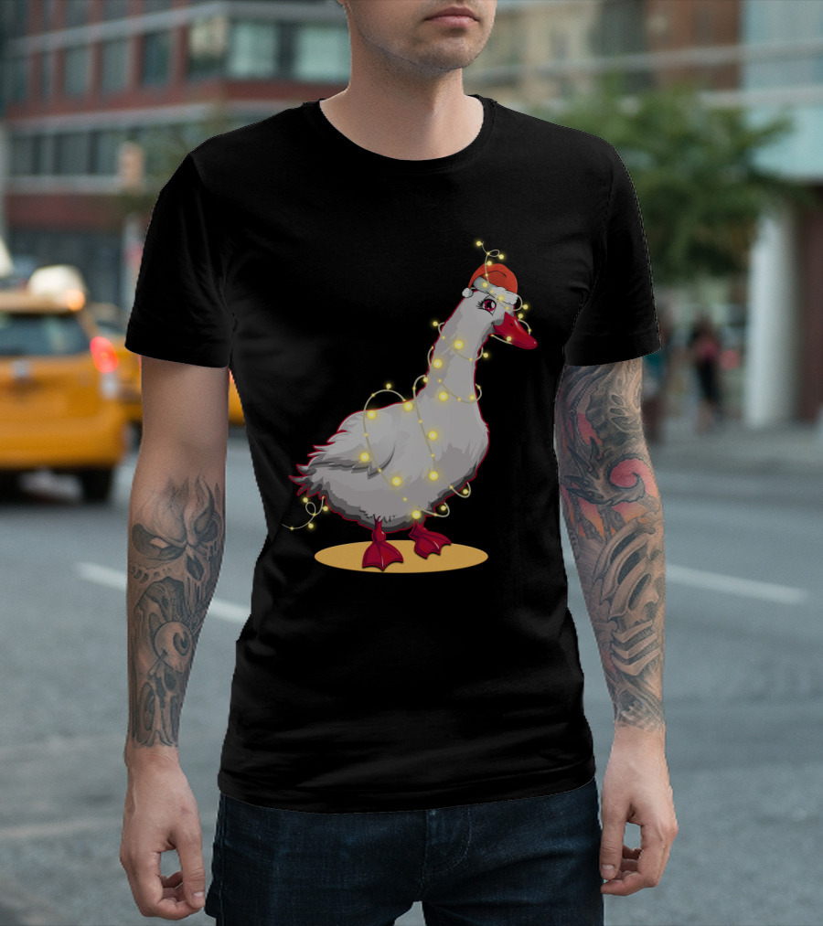Christmas Lights Duck Wrapped In Festive String With Santa Hat T-Shirt