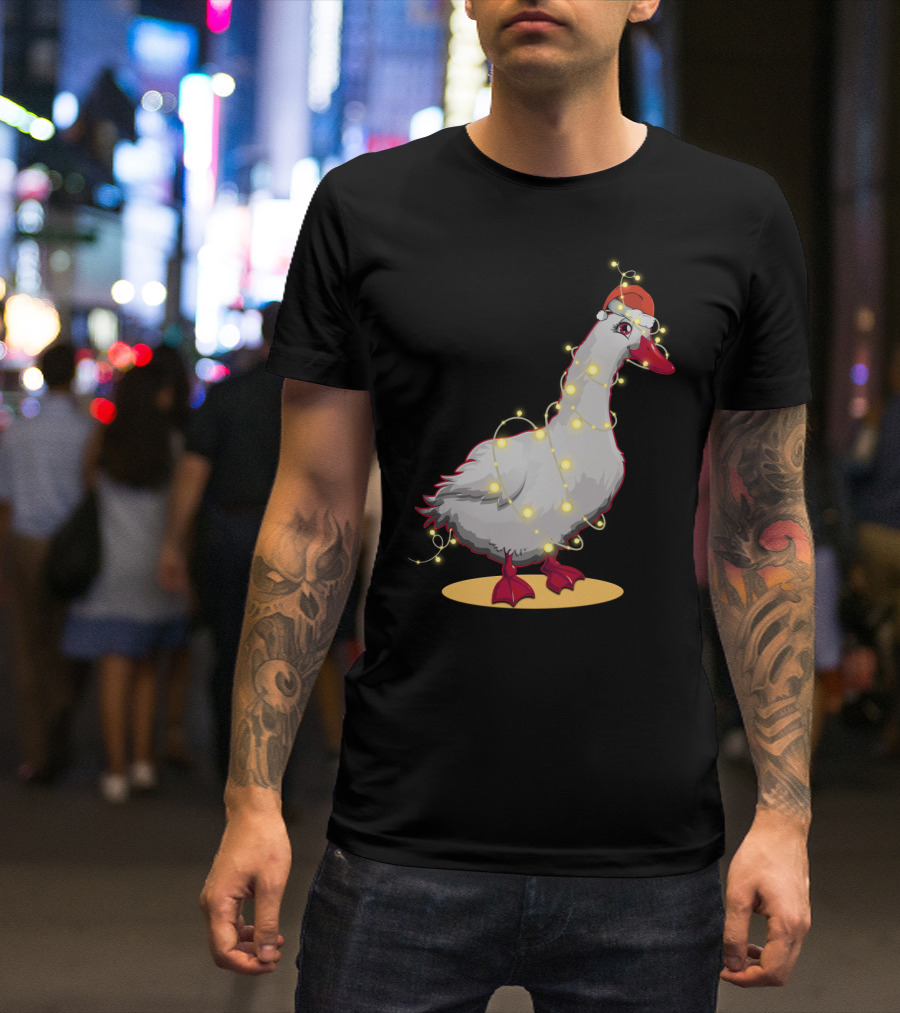Christmas Lights Duck Wrapped In Festive String With Santa Hat T-Shirt