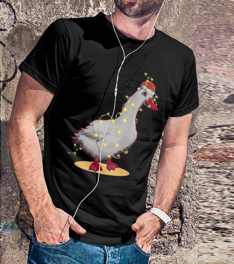 Christmas Lights Duck Wrapped In Festive String With Santa Hat T-Shirt