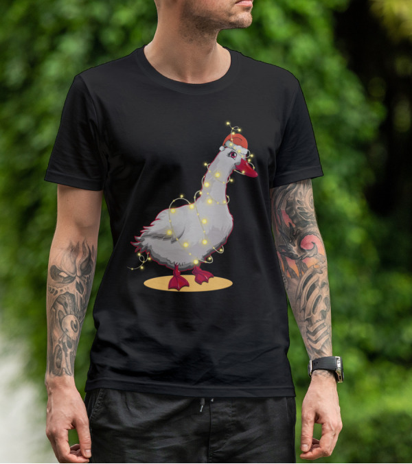 Christmas Lights Duck Wrapped In Festive String With Santa Hat T-Shirt