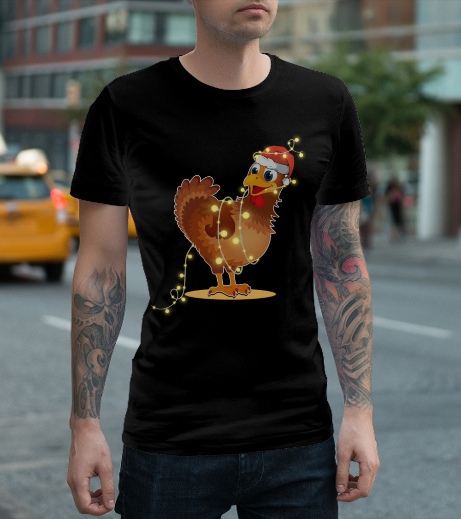 Santa Hat Chicken Wrapped in Christmas String Lights T-Shirt