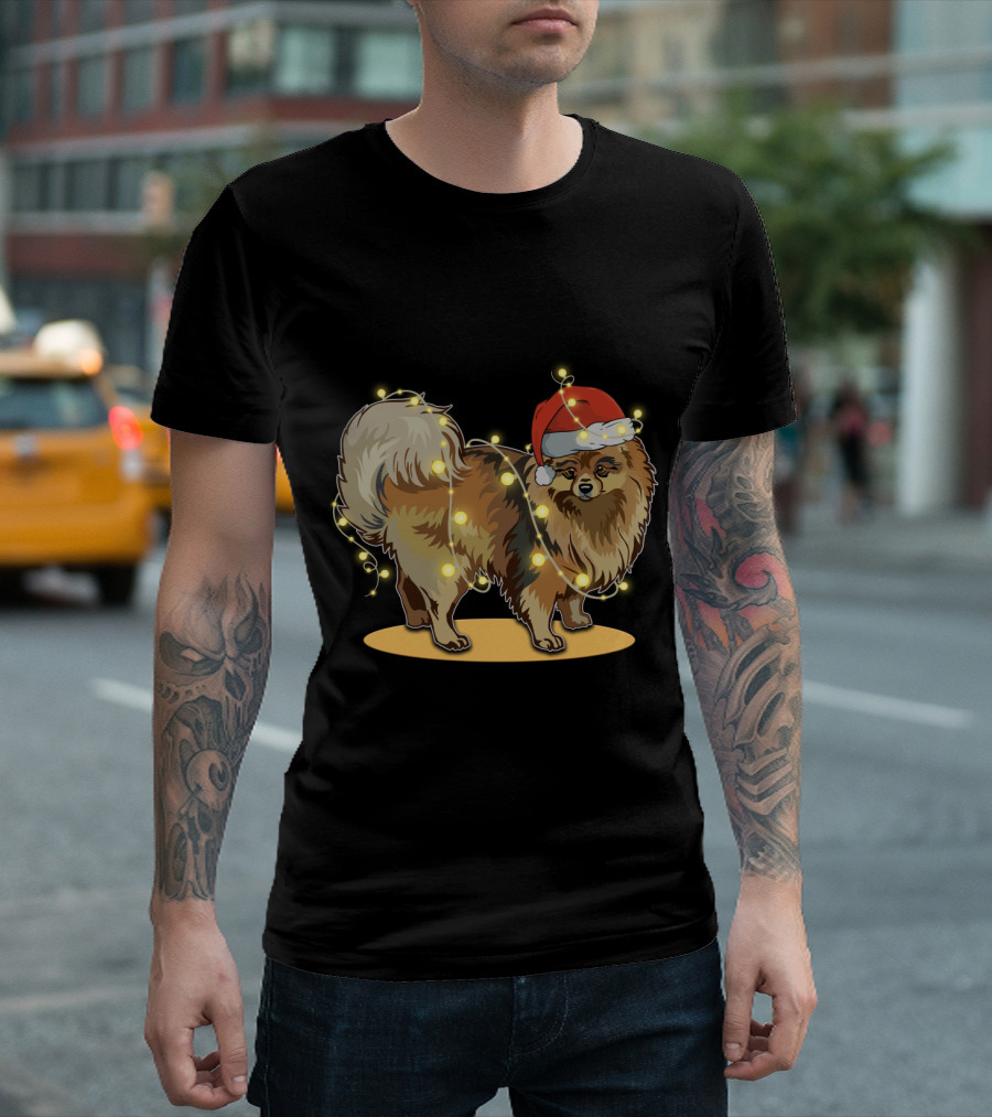Pomeranian Wrapped In Christmas Lights Wearing Santa Hat T-Shirt