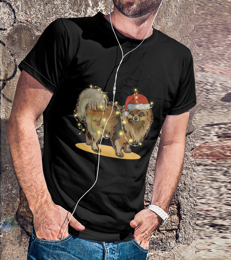 Pomeranian Wrapped In Christmas Lights Wearing Santa Hat T-Shirt