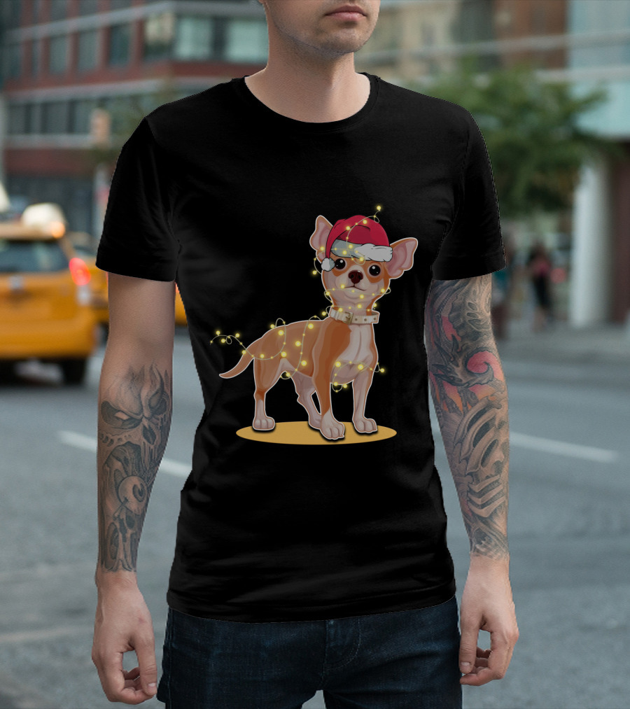 Chihuahua Wrapped In Festive Christmas Lights Wearing Santa Hat T-Shirt