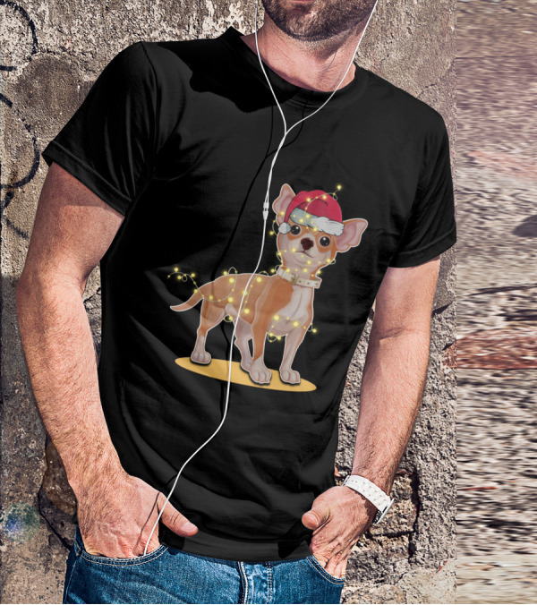 Chihuahua Wrapped In Festive Christmas Lights Wearing Santa Hat T-Shirt