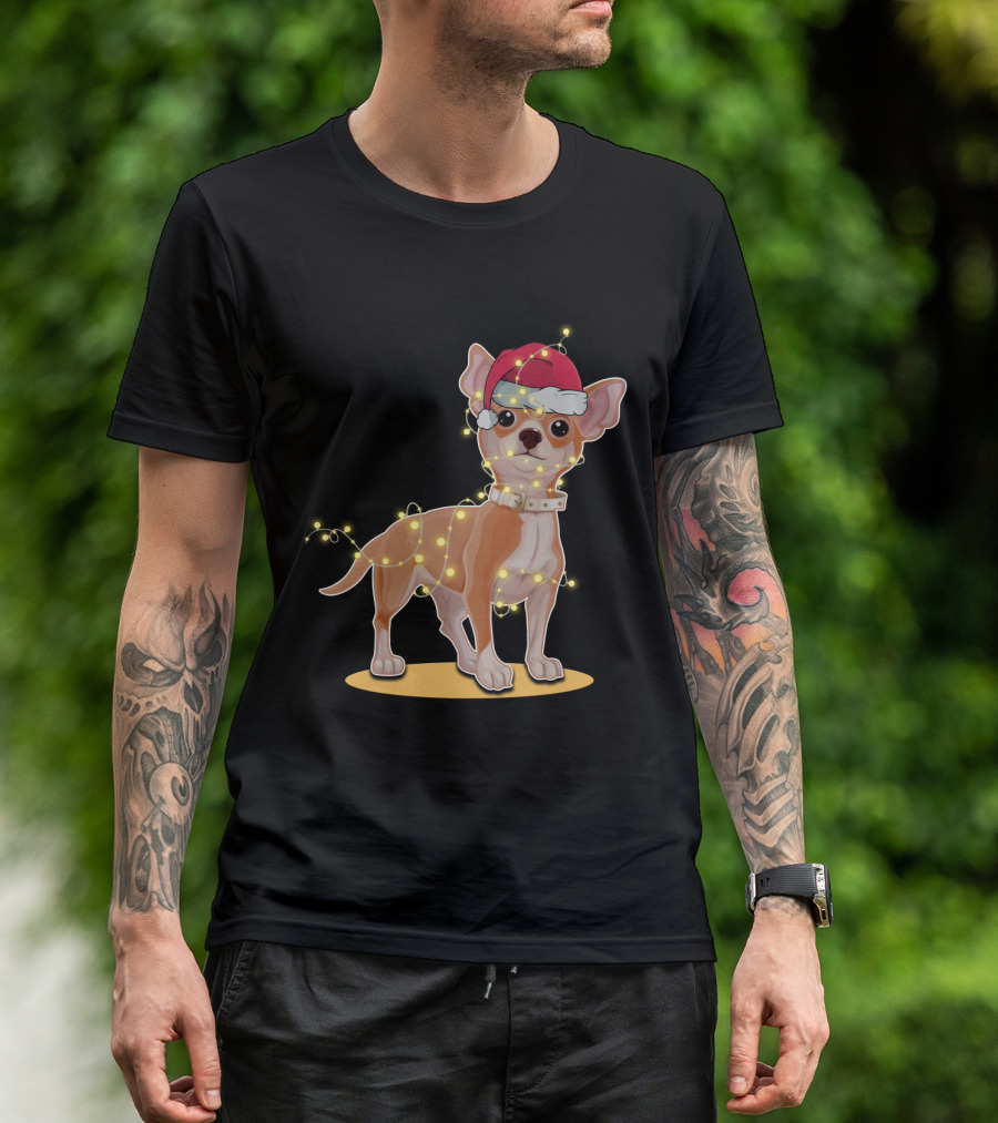 Chihuahua Wrapped In Festive Christmas Lights Wearing Santa Hat T-Shirt