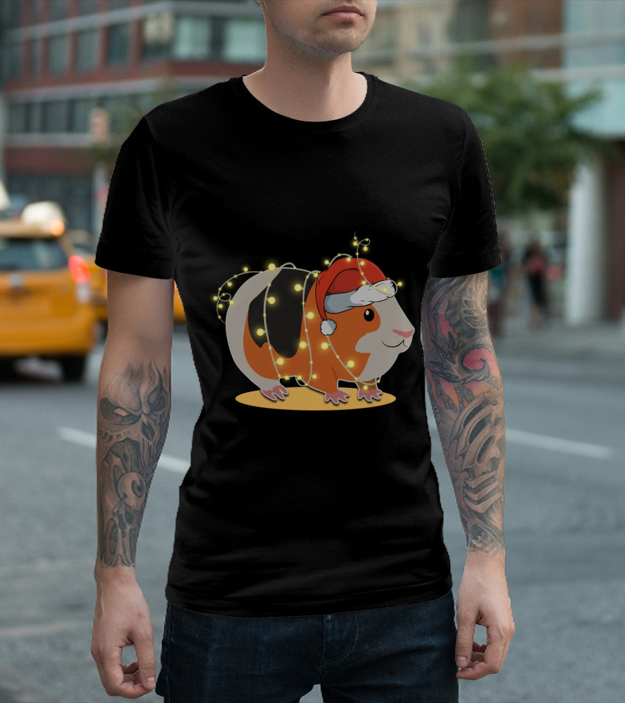 Guinea Pig Wrapped in Festive Christmas Lights and Santa Hat T-Shirt