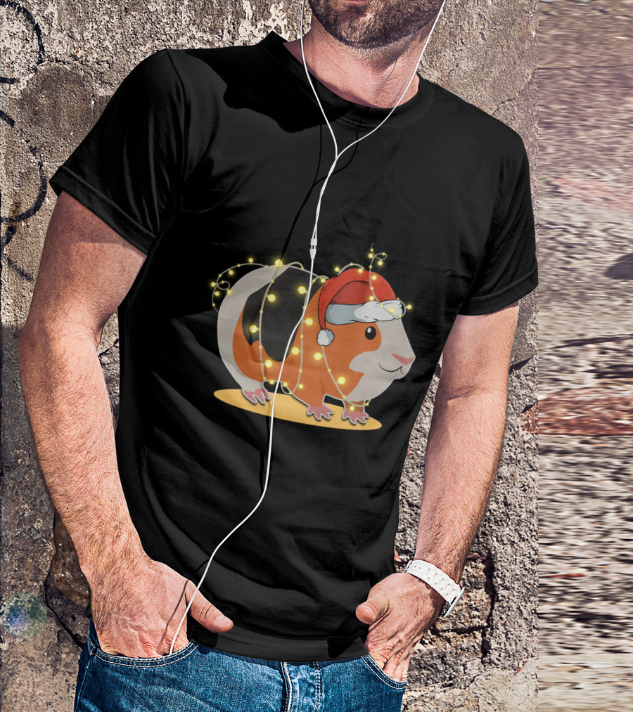 Guinea Pig Wrapped In Festive Christmas Lights And Santa Hat T-Shirt