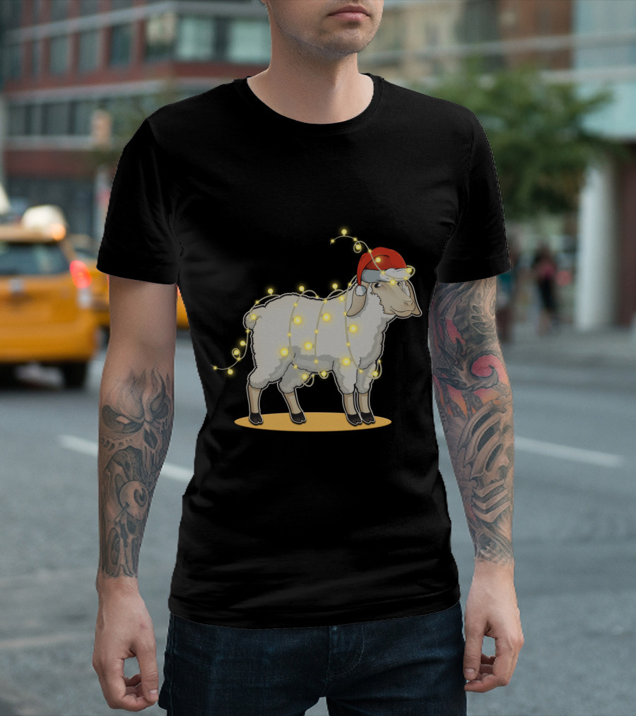 Sheep Wrapped In Christmas Lights With Santa Hat Holiday Decor T-Shirt