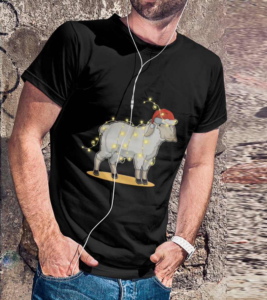 Sheep Wrapped In Christmas Lights With Santa Hat Holiday Decor T-Shirt