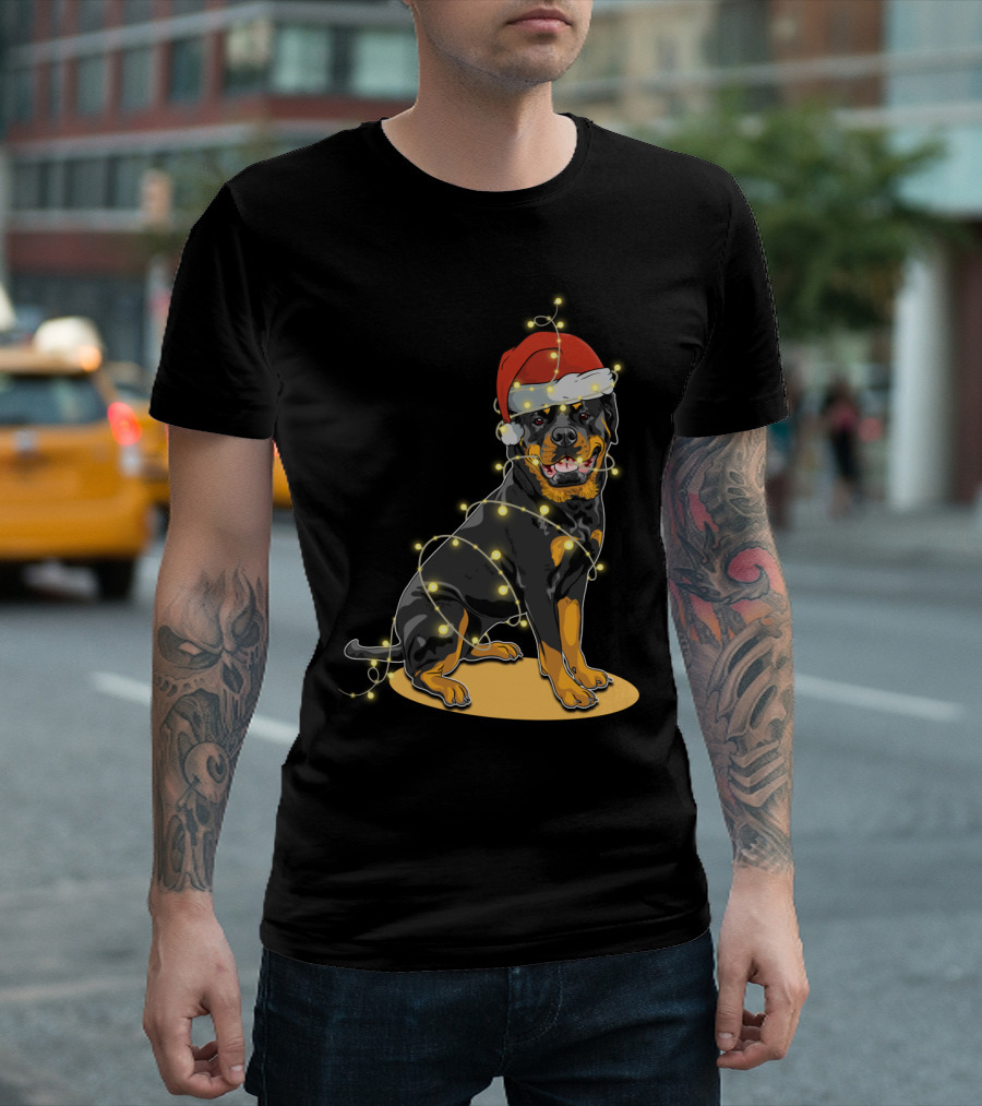Rottweiler Wrapped in Christmas Lights with Santa Hat T-Shirt