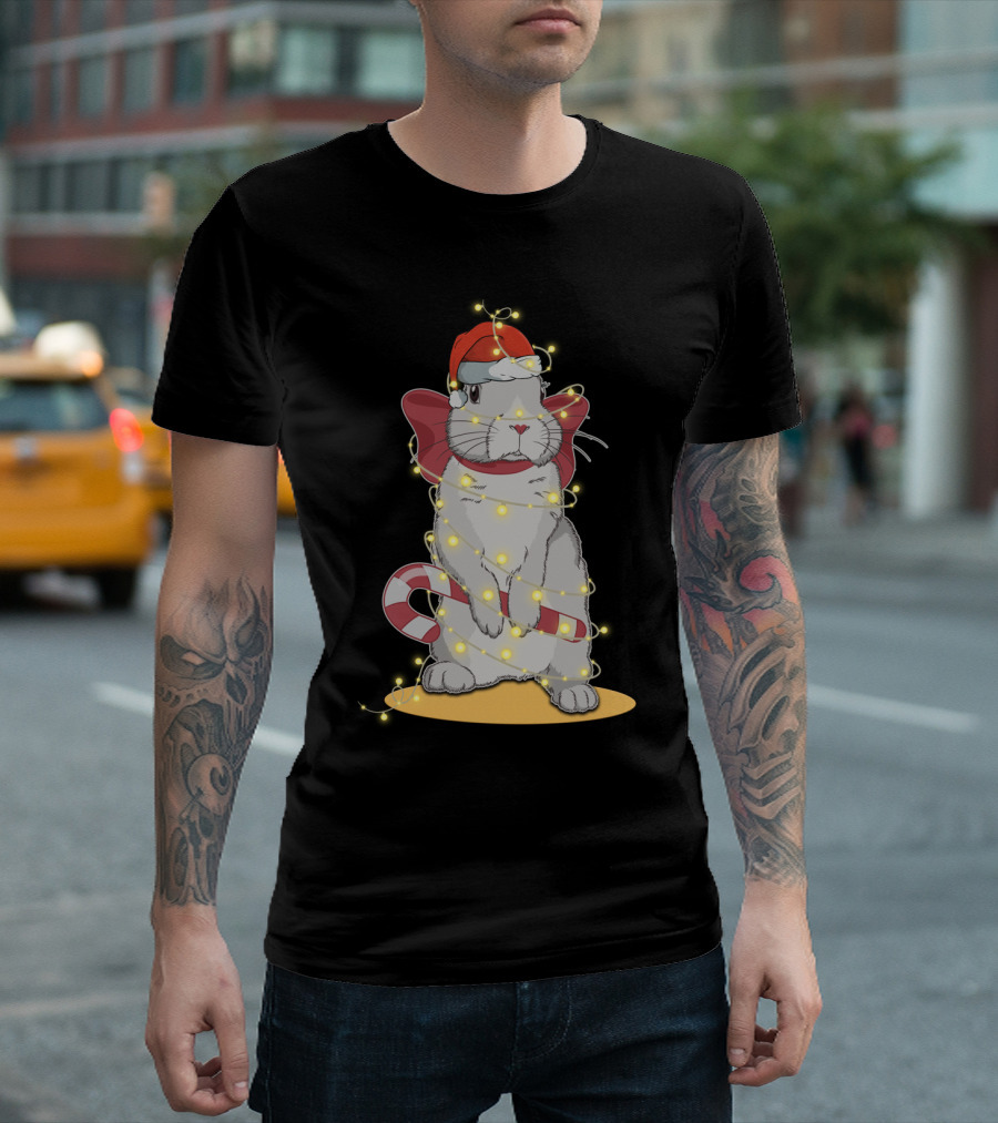 Christmas Lights Rabbit Santa Hat Candy Cane Festive T-Shirt