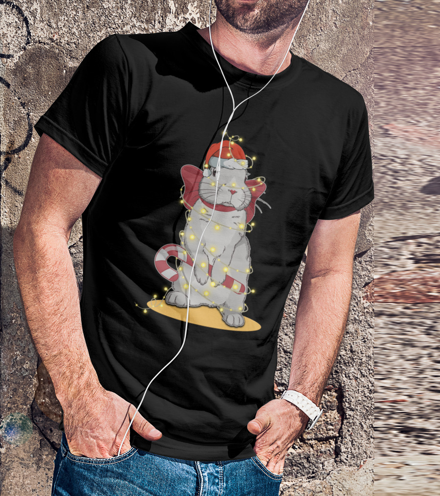 Christmas Lights Rabbit Santa Hat Candy Cane Festive T-Shirt