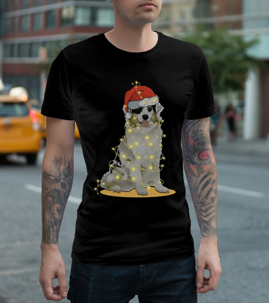Santa Hat Australian Shepherd Wrapped In Christmas Lights T-Shirt
