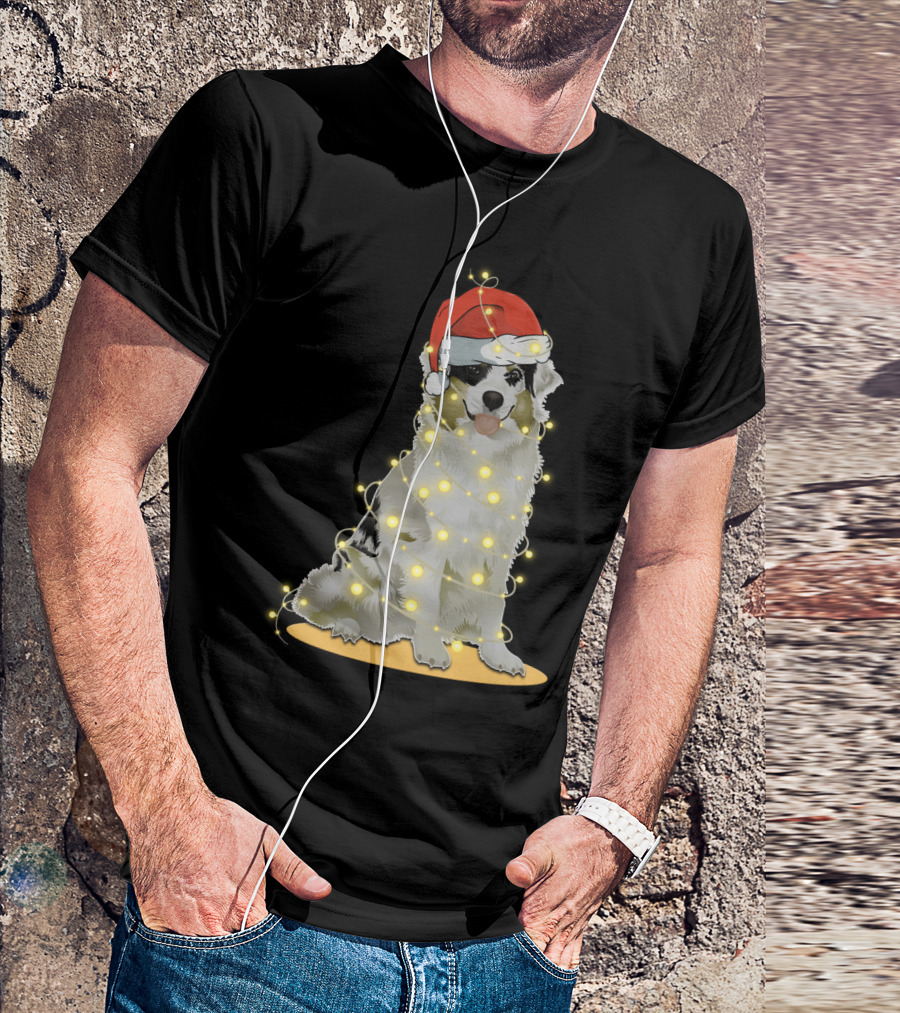 Santa Hat Australian Shepherd Wrapped In Christmas Lights T-Shirt