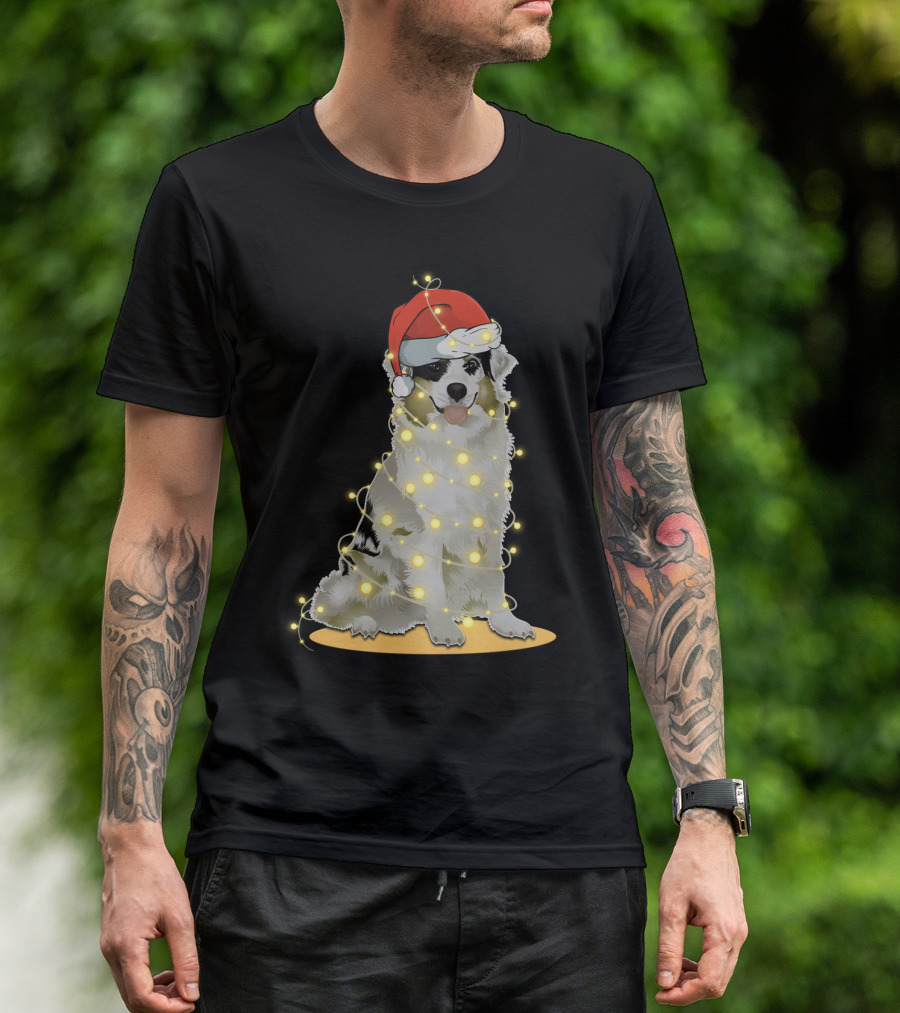 Santa Hat Australian Shepherd Wrapped In Christmas Lights T-Shirt