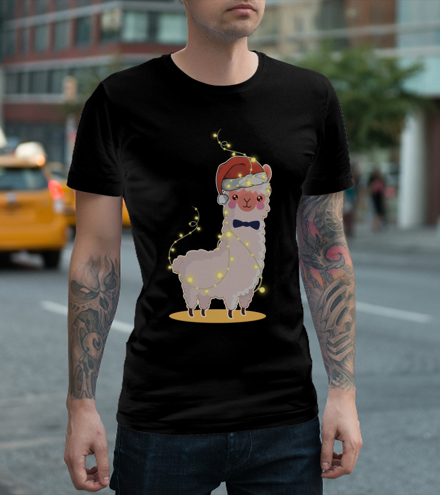 Alpaca Wrapped In Christmas Lights Wearing Santa Hat And Bow Tie T-Shirt