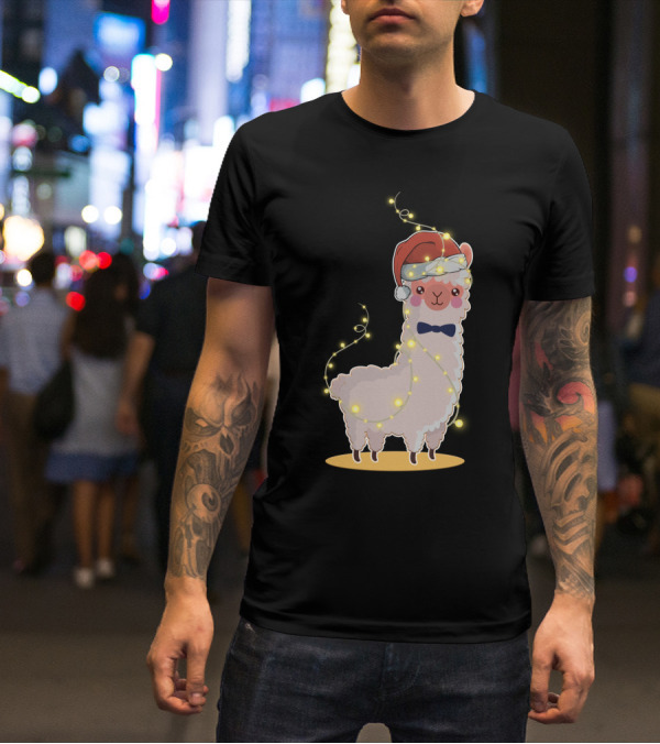 Alpaca Wrapped In Christmas Lights Wearing Santa Hat And Bow Tie T-Shirt
