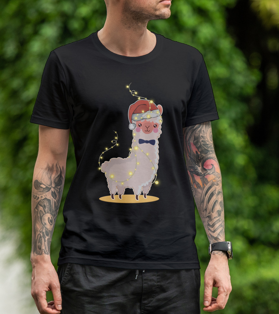 Alpaca Wrapped In Christmas Lights Wearing Santa Hat And Bow Tie T-Shirt