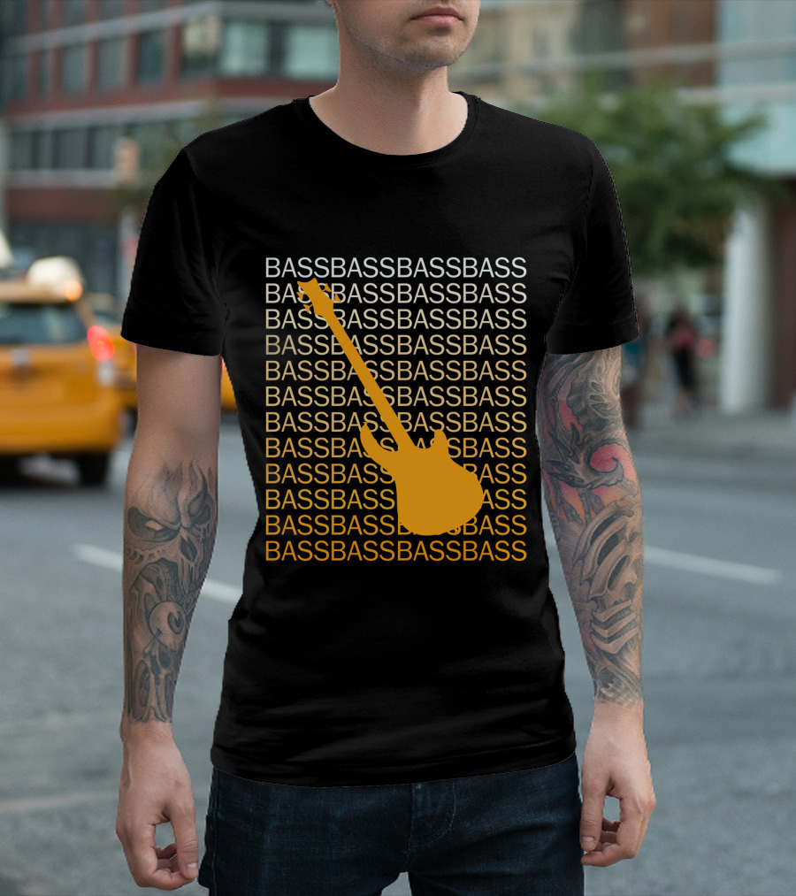Bass Guitar Silhouette with Repeated Bass Text T-Shirt