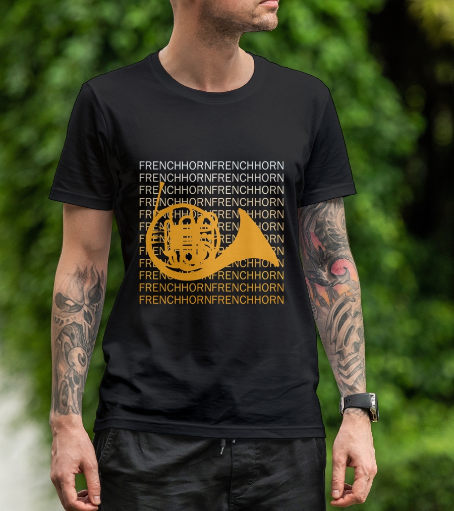 Repeating French Horn Text With Yellow Instrument T-Shirt