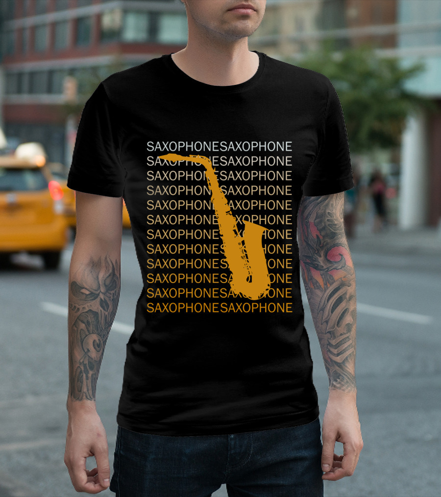 Saxophone Repeated Pattern with Bold Orange Saxophone Highlight T-Shirt