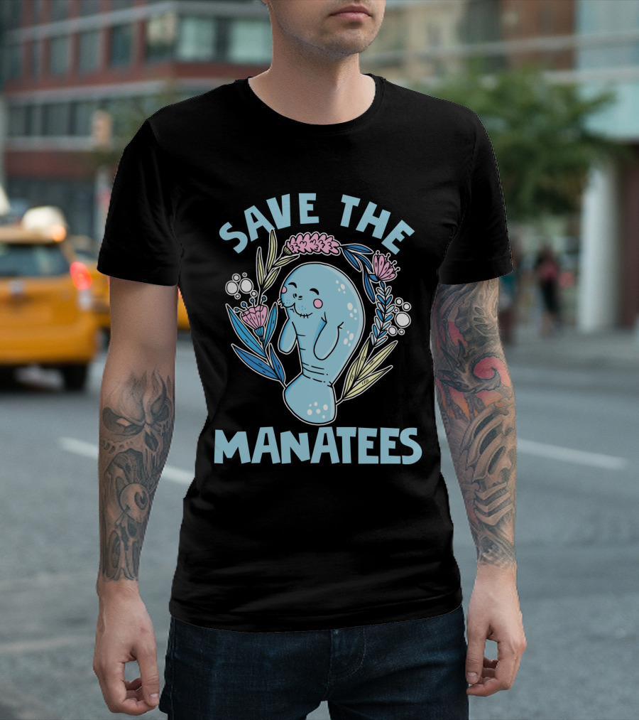SAVE THE MANATEES Save The Manatees Manatee Surrounded by Flowers and Bubbles T-Shirt