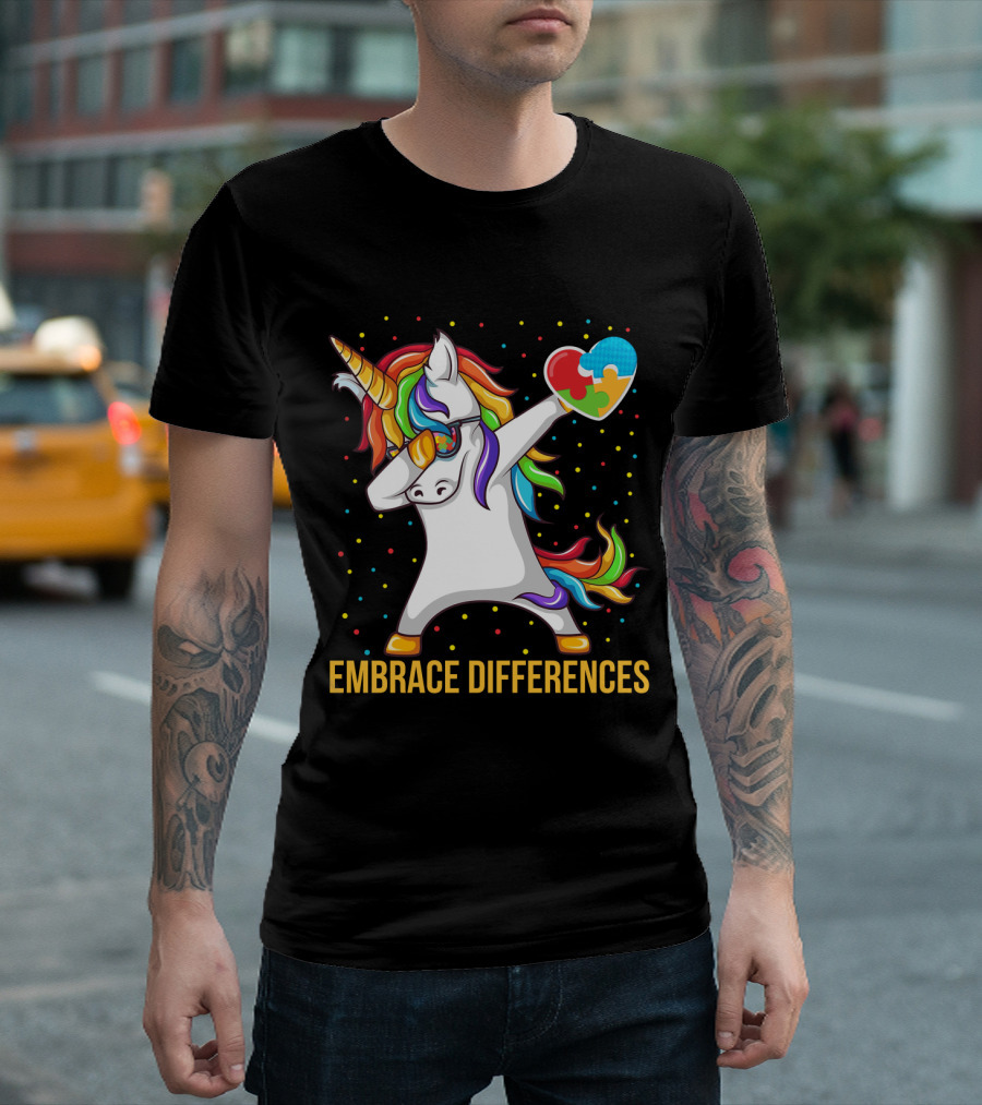 Embrace Differences Autism Awareness Dabbing Unicorn Heart Puzzle Piece T-Shirt
