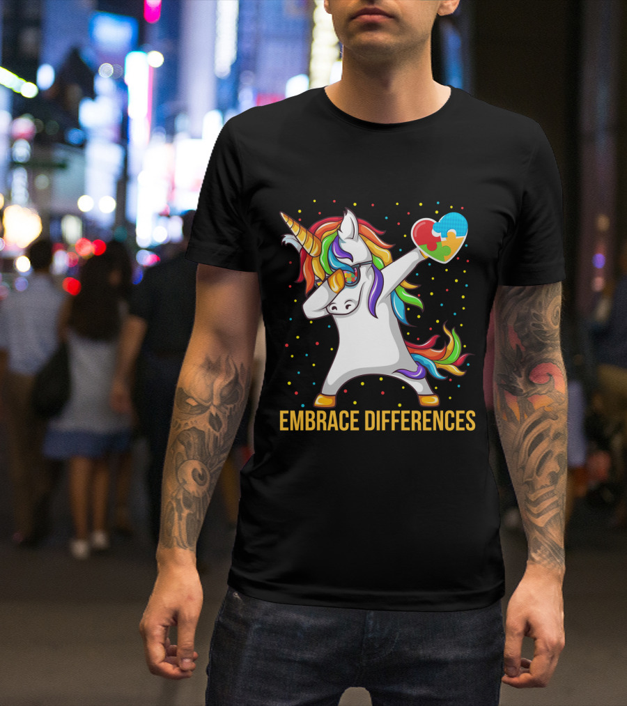 Embrace Differences Autism Awareness Dabbing Unicorn Heart Puzzle Piece T-Shirt