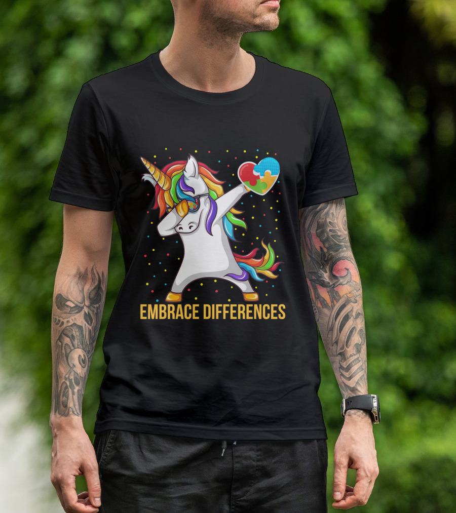 Embrace Differences Autism Awareness Dabbing Unicorn Heart Puzzle Piece T-Shirt