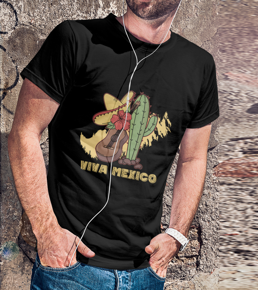 Viva Mexico Sombrero Guitar Cactus Flower T-Shirt