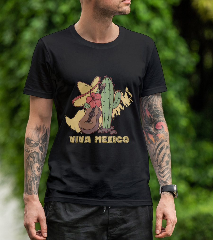 Viva Mexico Sombrero Guitar Cactus Flower T-Shirt