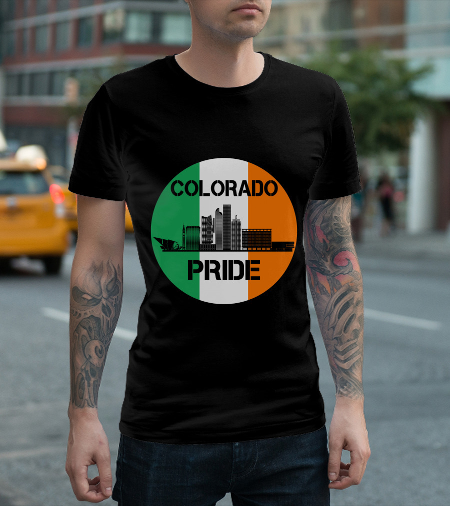 Colorado Pride Skyline with Irish Flag Background T-Shirt