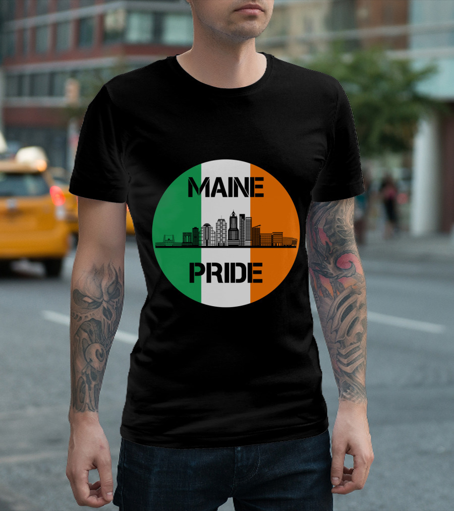 Maine Pride City Skyline With Irish Flag Colors Maine T-Shirt