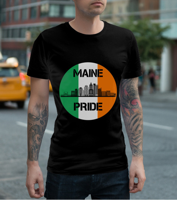 Maine Pride City Skyline With Irish Flag Colors Maine T-Shirt