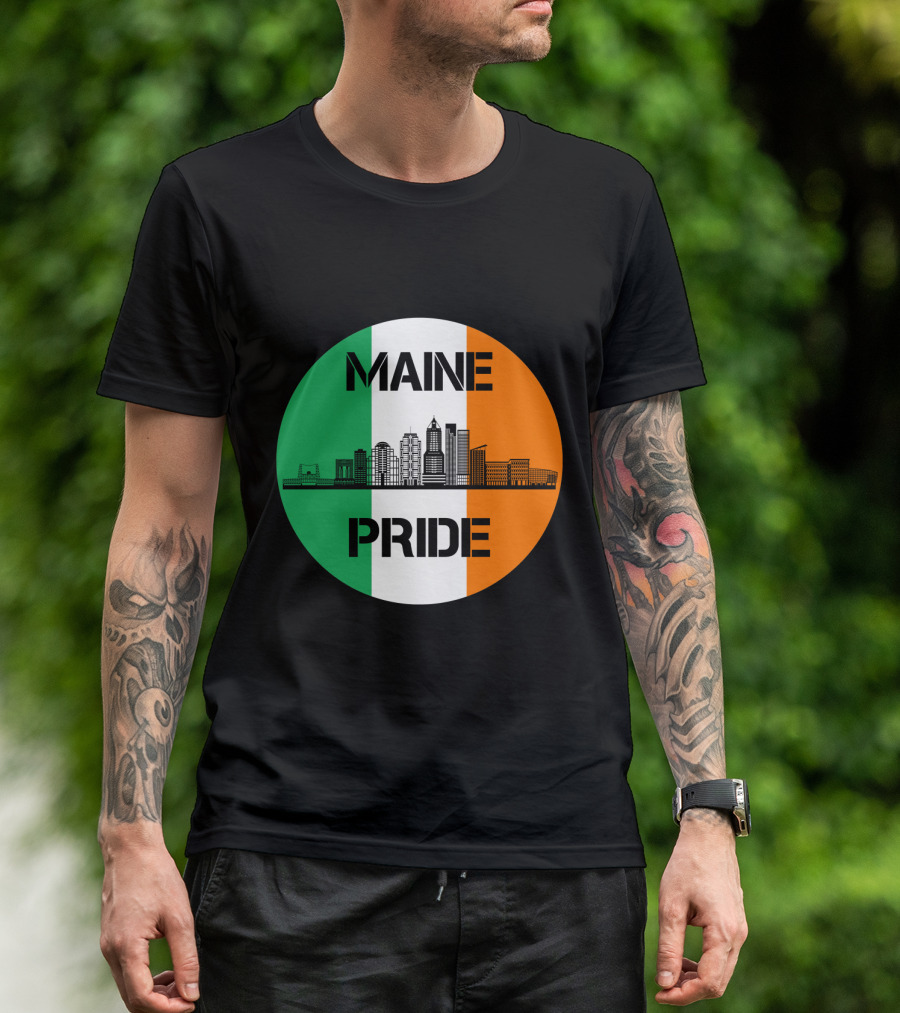 Maine Pride City Skyline With Irish Flag Colors Maine T-Shirt