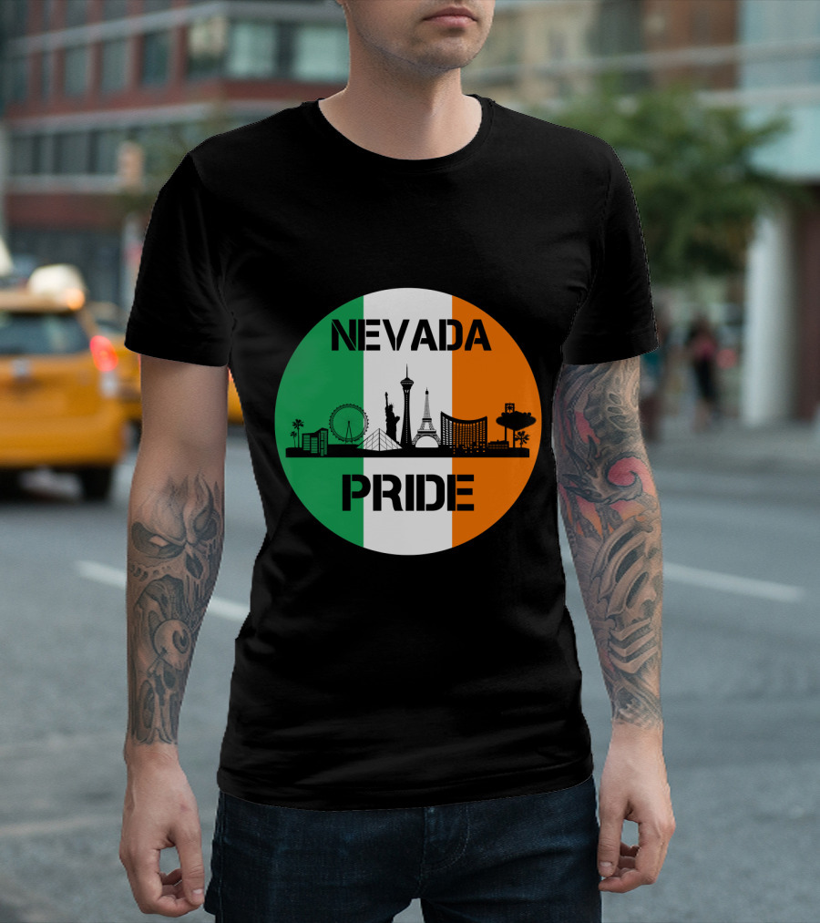 Nevada Pride Skyline with Irish Flag Colors and Iconic Landmarks T-Shirt