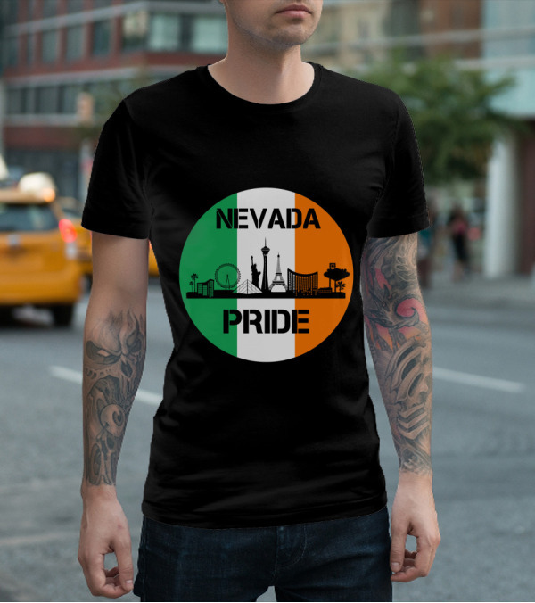 Nevada Pride Skyline With Irish Flag Colors And Iconic Landmarks T-Shirt