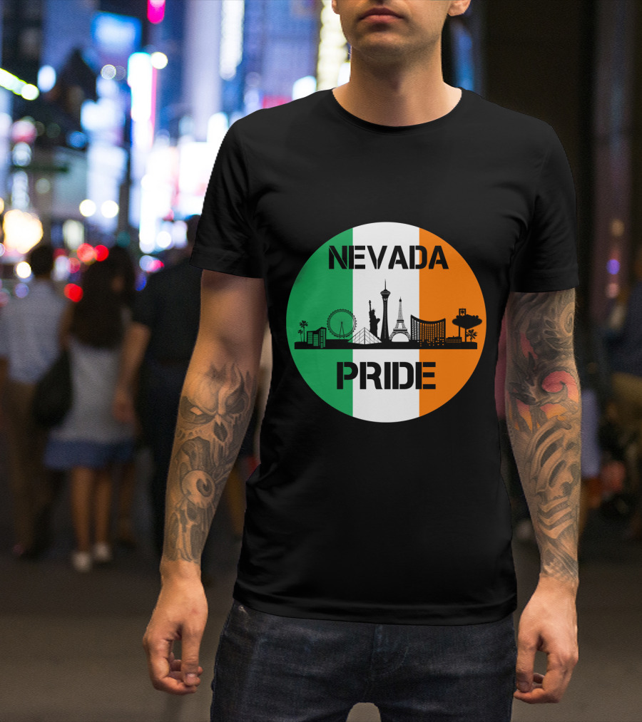 Nevada Pride Skyline With Irish Flag Colors And Iconic Landmarks T-Shirt