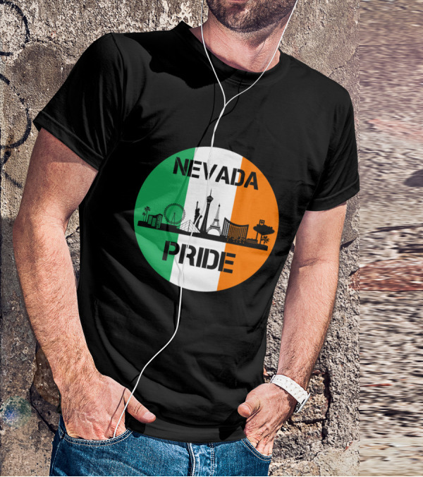 Nevada Pride Skyline With Irish Flag Colors And Iconic Landmarks T-Shirt