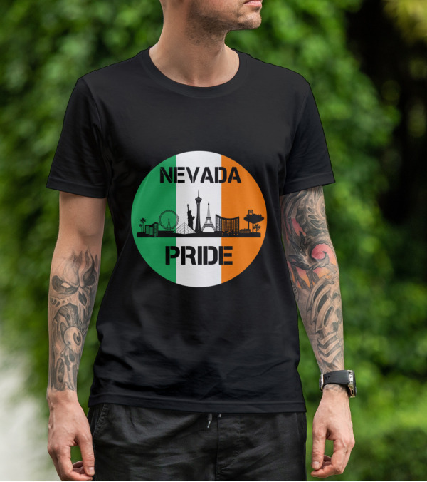 Nevada Pride Skyline With Irish Flag Colors And Iconic Landmarks T-Shirt